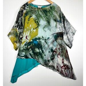 Citron Blouse Womens Small Green Black Silk Layered Abstract Asymmetrical Flowy